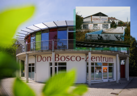 Im Vordergrund der Rundbau des Don-Bosco-Zentrums Berlin, als kleines Bild oben rechts das Gebäude des Don-Bosco-Zentrums vor 20 Jahren